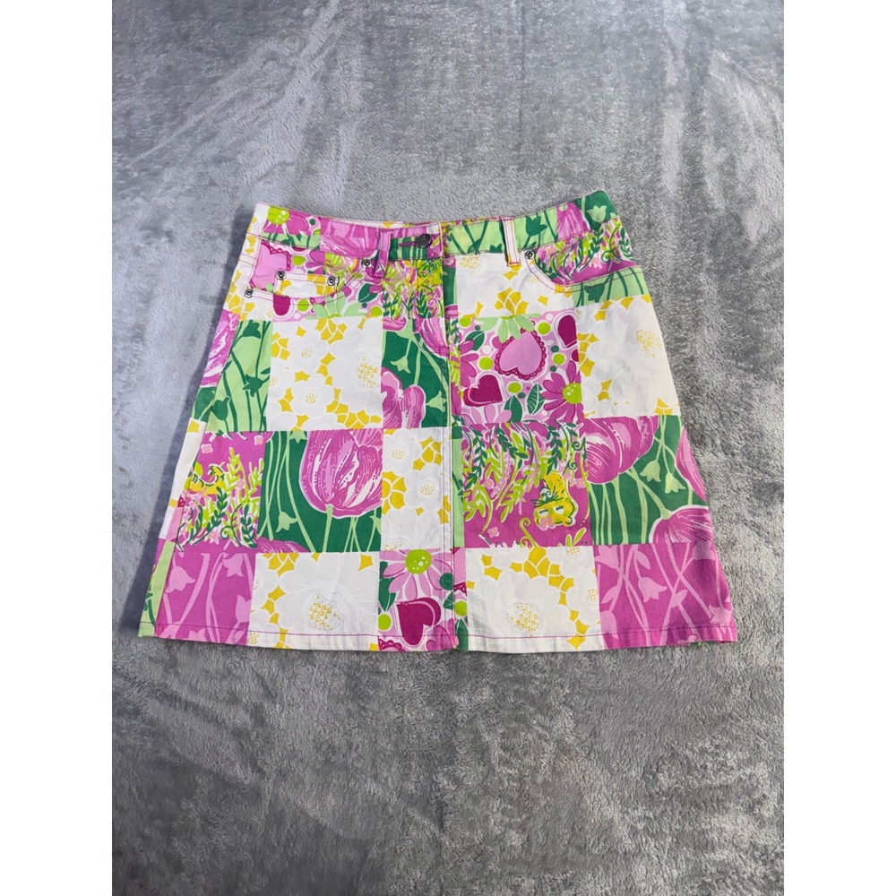 Lilly Pulitzer Patchwork Floral Heart Mini Skirt Pink Green Yellow Size 2